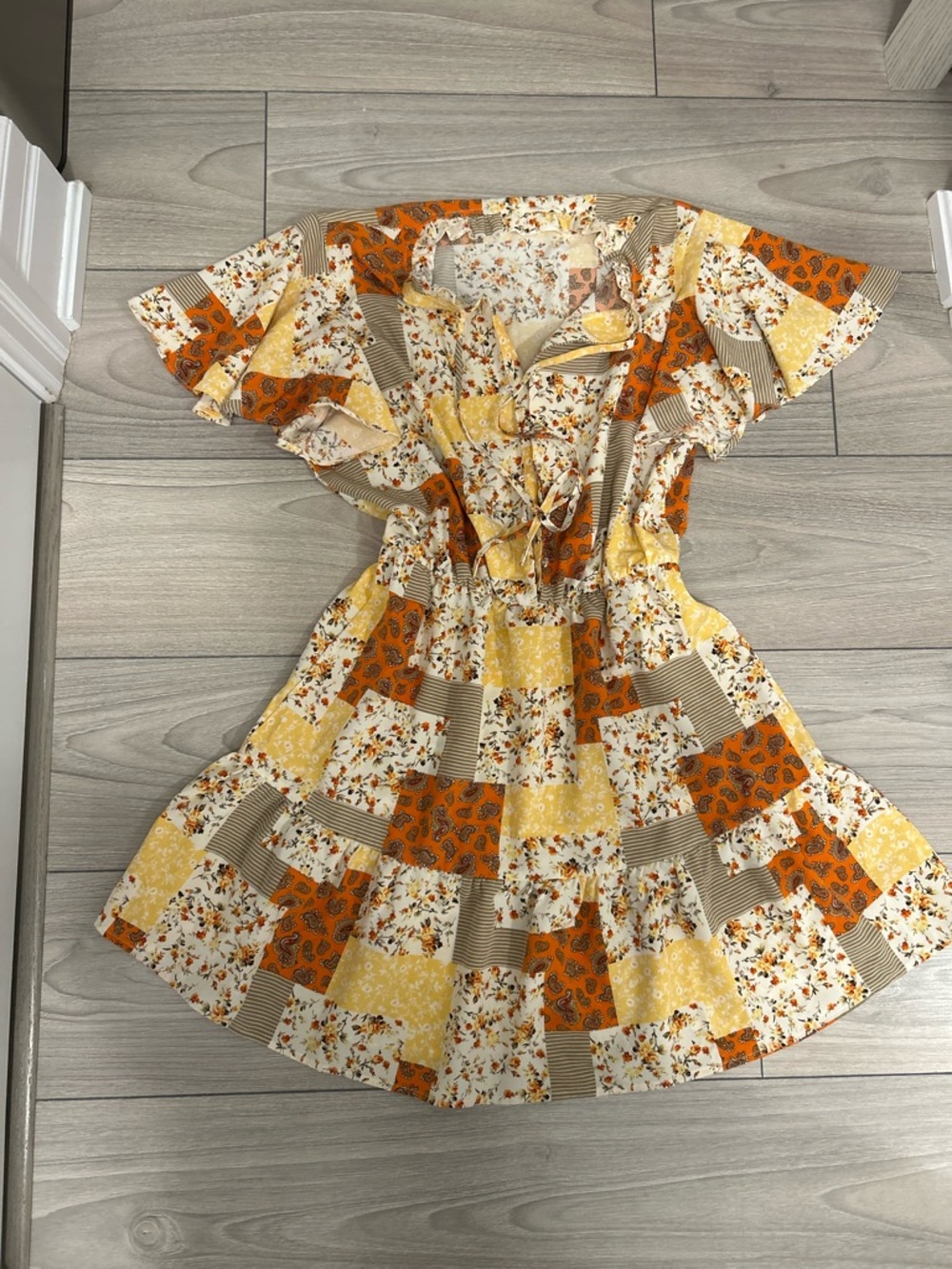 Patchwork Ruffle Casual Dress - Yellow & Orange Floral